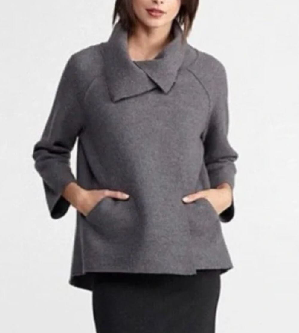 Eileen Fisher Boiled Wool Snap Front Car Coat Sz M Gray Minimalist Lagenlook Fun